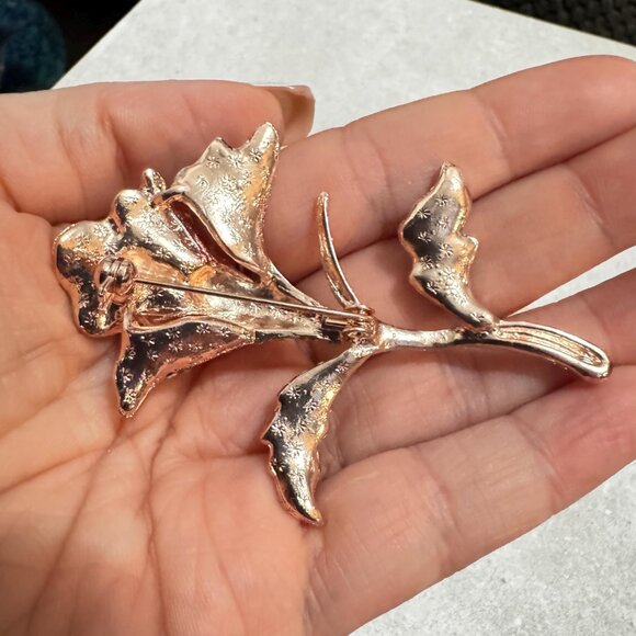 Red Orange Rhinestone Rose Brooch Floral Statement Pin Green Leaves Vintage Styl - Picture 3 of 4